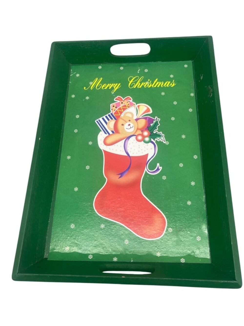 holiday traditions Merry Christmas wood tray green stocking bear handles READ